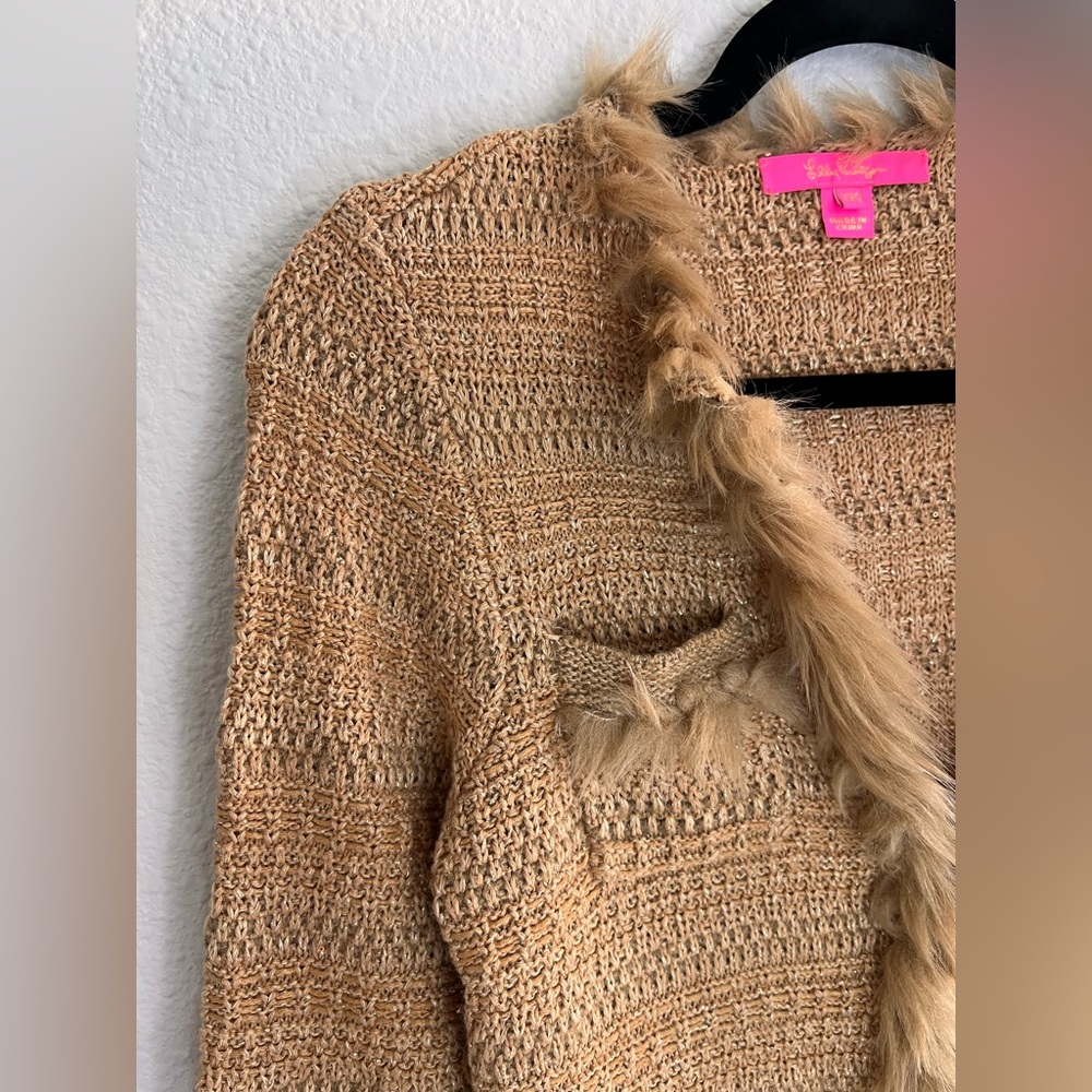 Lilly Pulitzer Preona Gold Metallic Cardigan Sweater with Faux Fur Trim XXS. - Picture 6 of 11